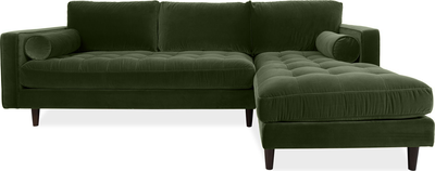 scott Cypress Green Velvet Corner Sofa with Right Hand Facing Chaise