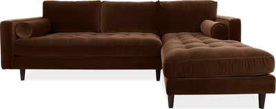 scott Chocolate Brown Velvet Corner Sofa with Right Hand Facing Chaise
