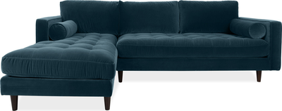 scott Azure Blue Velvet Corner Sofa with Left Hand Facing Chaise