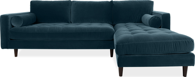 scott Azure Blue Velvet Corner Sofa with Right Hand Facing Chaise